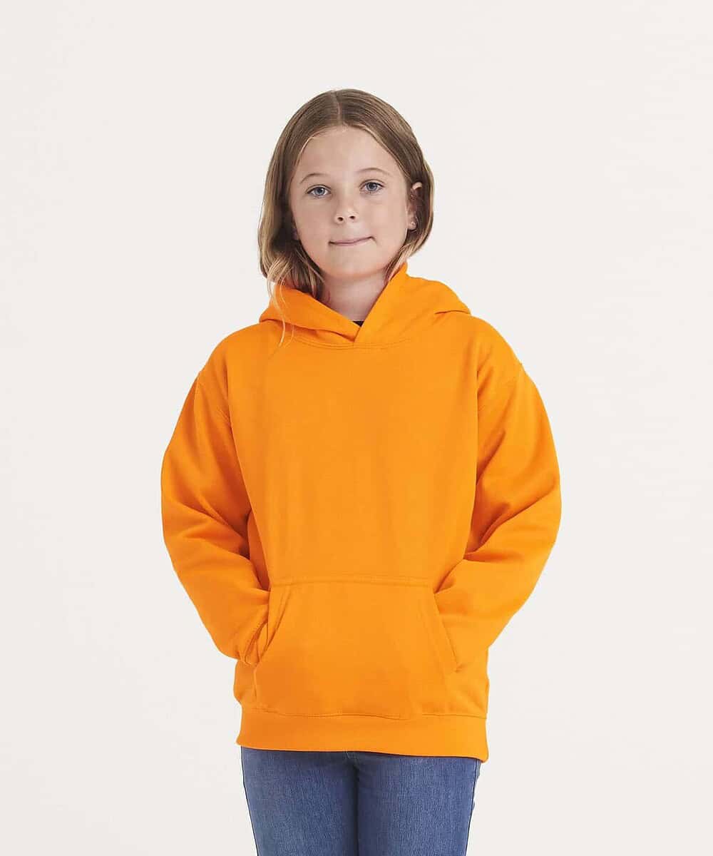 Kids Electric Hoodie in bright orange for custom embroidery.