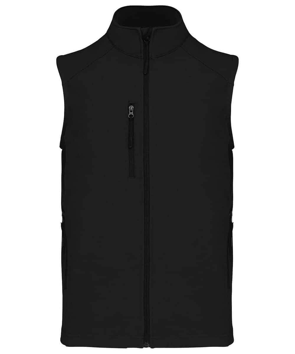 Black men's softshell bodywarmer with zip pockets, ideal for workwear.