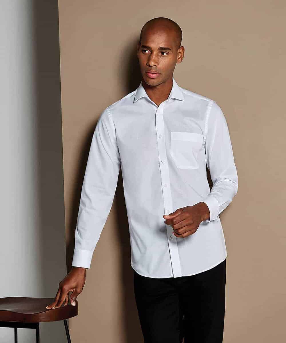 Elegant white long-sleeved poplin shirt for embroidery. Perfect tailored fit for professional workwe.