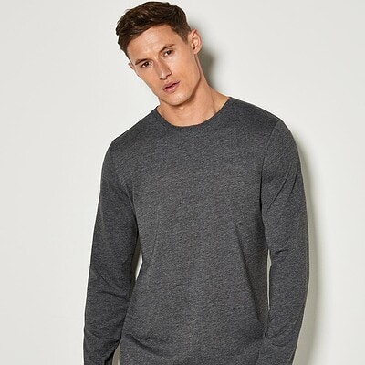 Long sleeve grey superwash T-shirt for embroidery and printing. Comfortable, durable, perfect for cu.