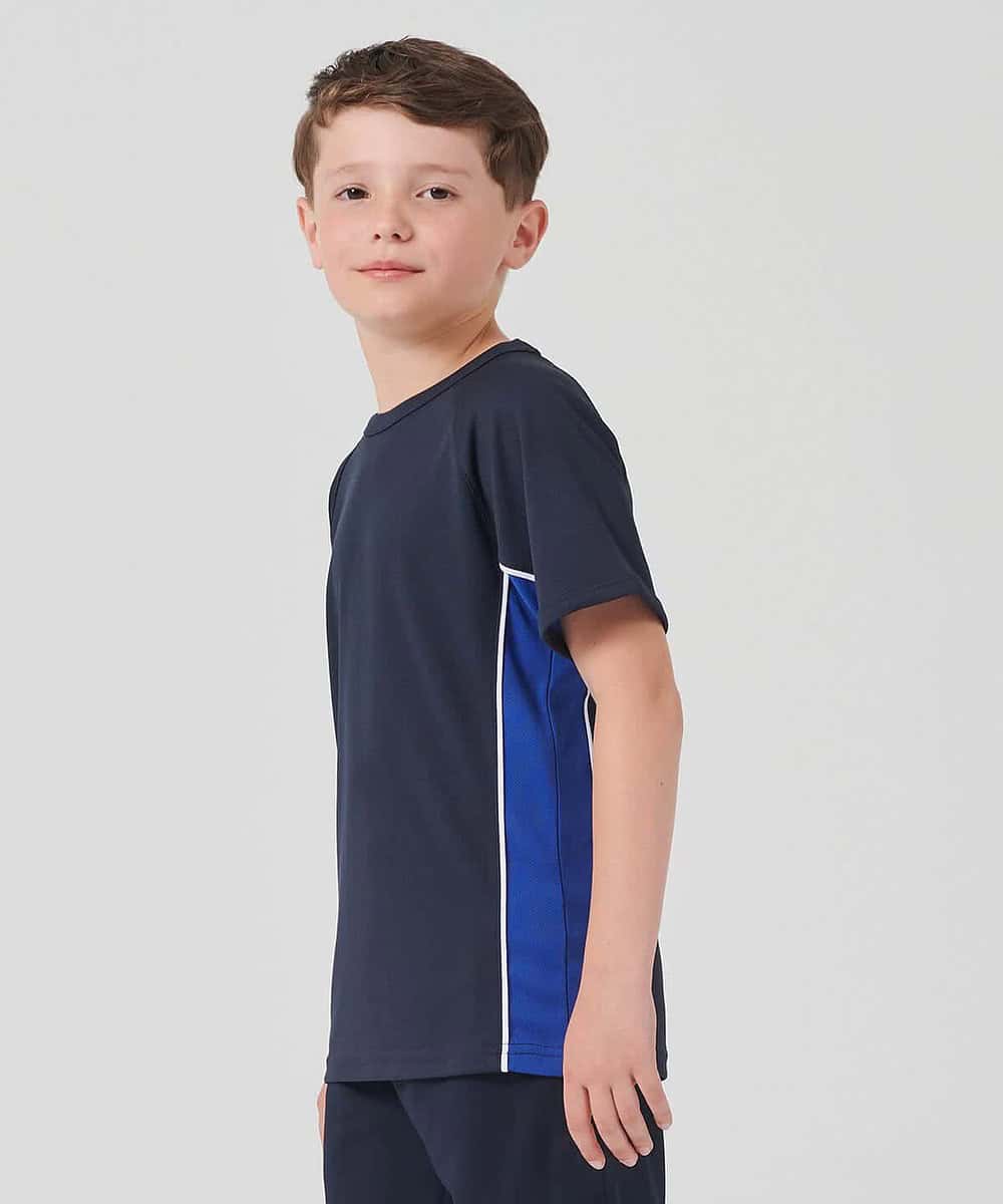 Kids performance T-shirt for embroidery and printing, navy blue with side panel detail.