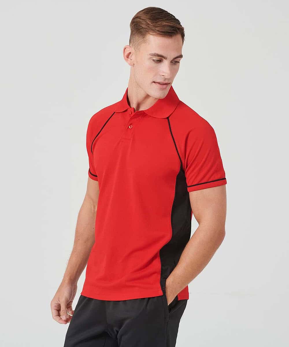 Red and black performance polo shirt for embroidery.