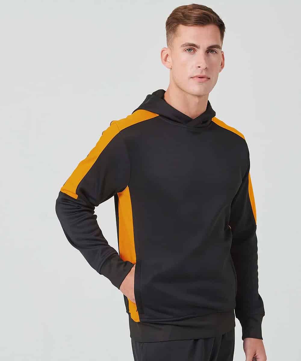 Hoodie for adults with black and yellow design, ideal for team uniforms and embroidery.
