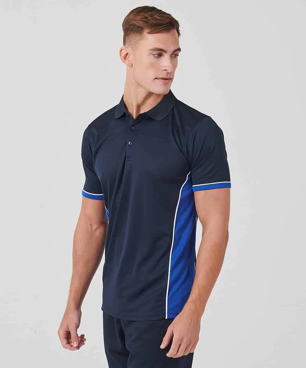 Embroidered navy polo shirt with blue and white panel details. Perfect for custom embroidery and wor.