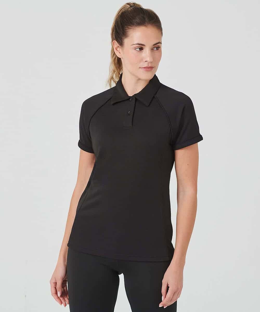 Embroidered women's performance polo shirt with piping detail, ideal for workwear and sports.
