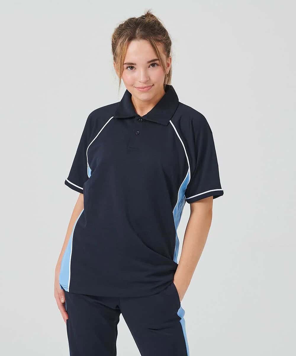 Embroidered kids' performance polo shirt in navy with light blue piping, ideal for school or sports.