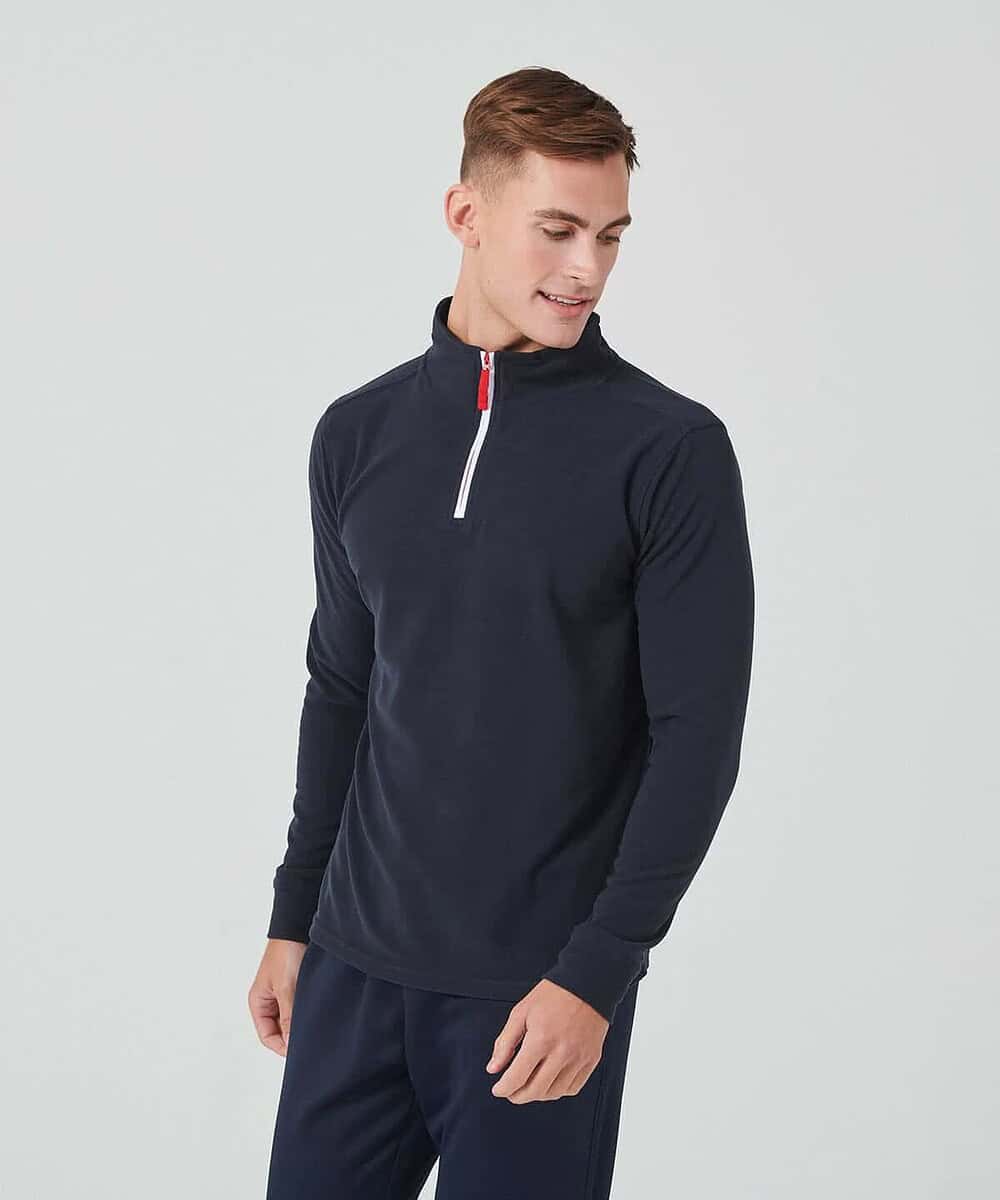 Embroidered navy quarter zip fleece with piping detail for workwear. Customisable for embroidery, id.