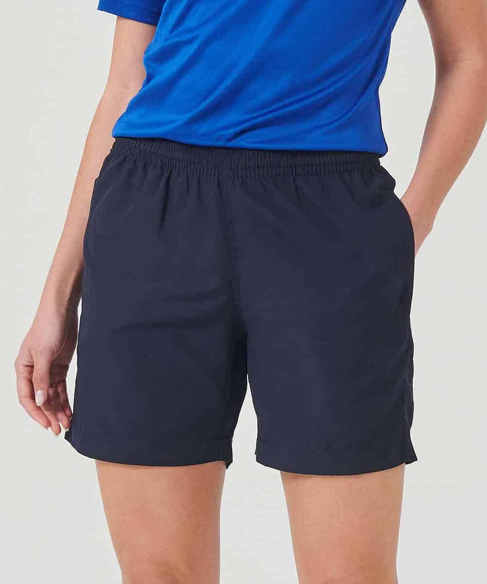 Women's navy microfibre shorts with elastic waistband, ideal for embroidery work.