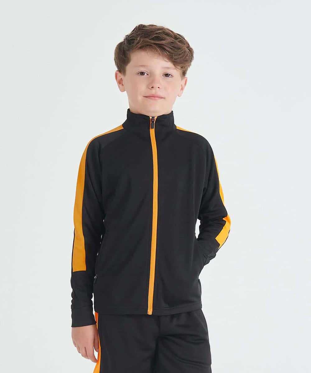 Kids embroidered tracksuit top in black with yellow accents. Perfect for custom embroidery and schoo.