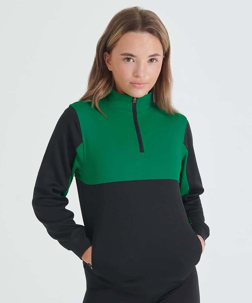Kids quarter-zip tracksuit top in green and black, perfect for custom embroidery and sportswear.