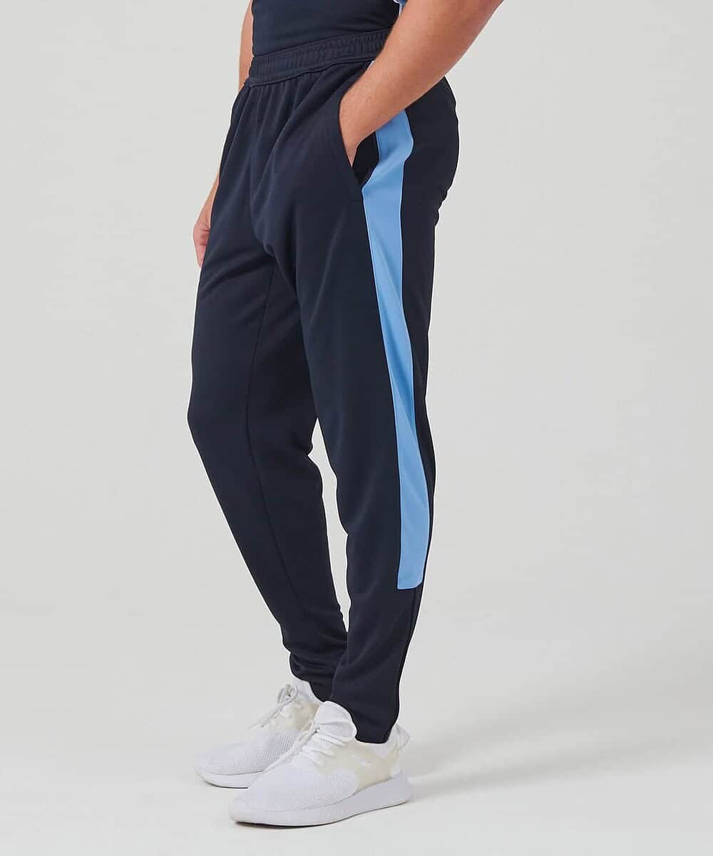 Embroidered navy tracksuit pants with light blue side stripes, perfect for custom workwear and embro.