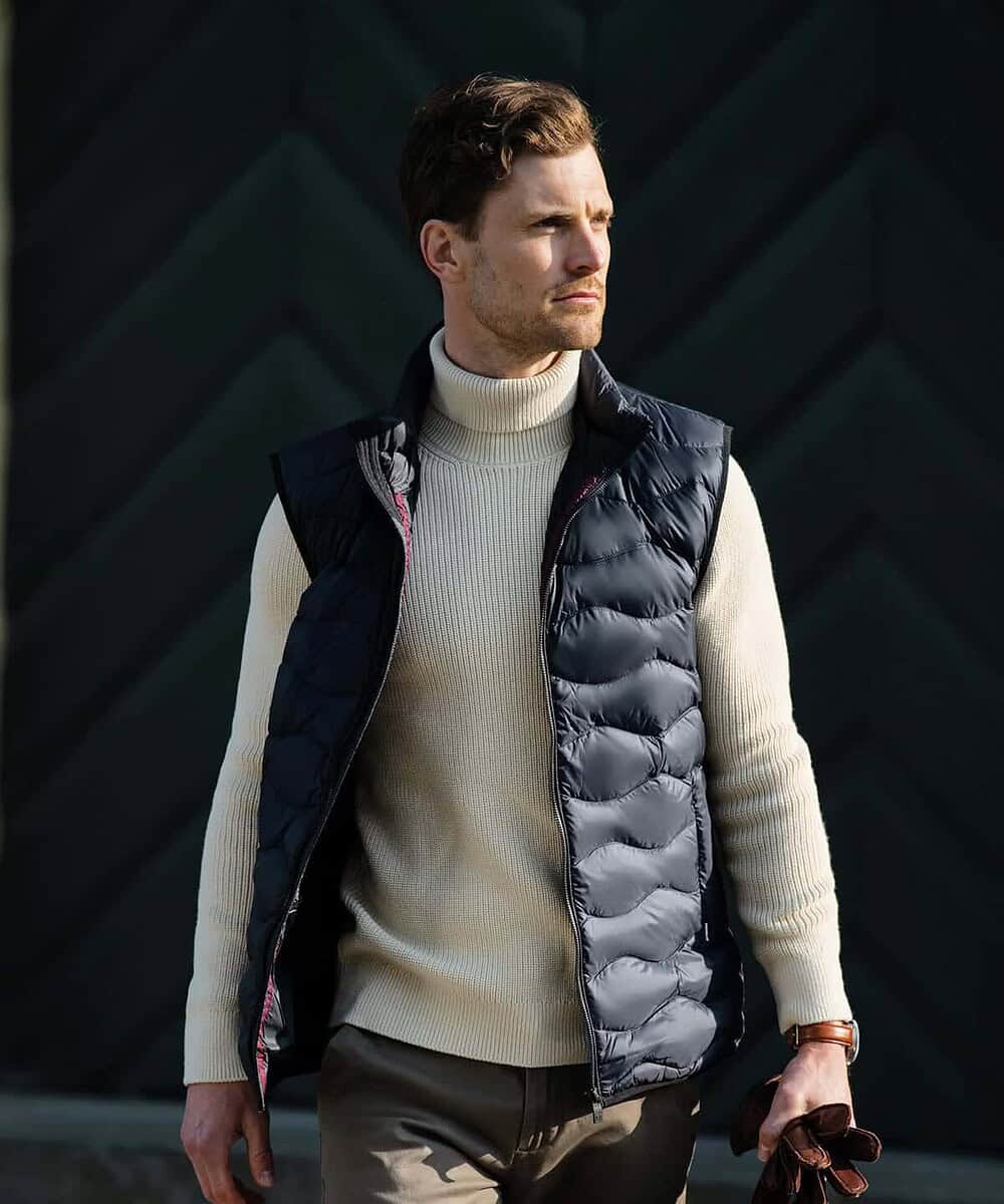 Man wearing Nimbus Vermont down gilet, ideal for workwear and embroidery projects.