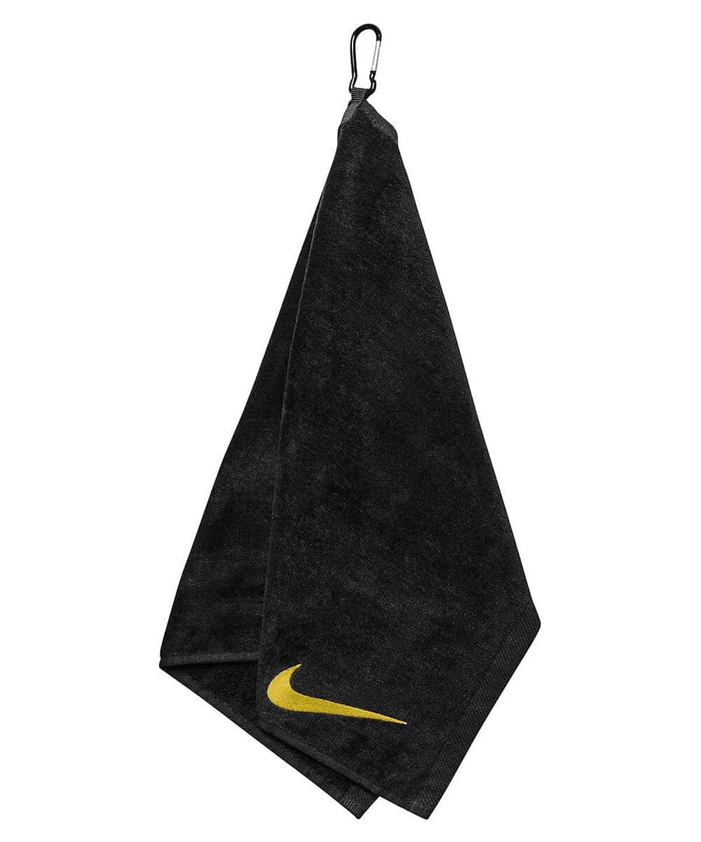 Black Nike golf towel with yellow swoosh logo, ideal for personalised embroidery.