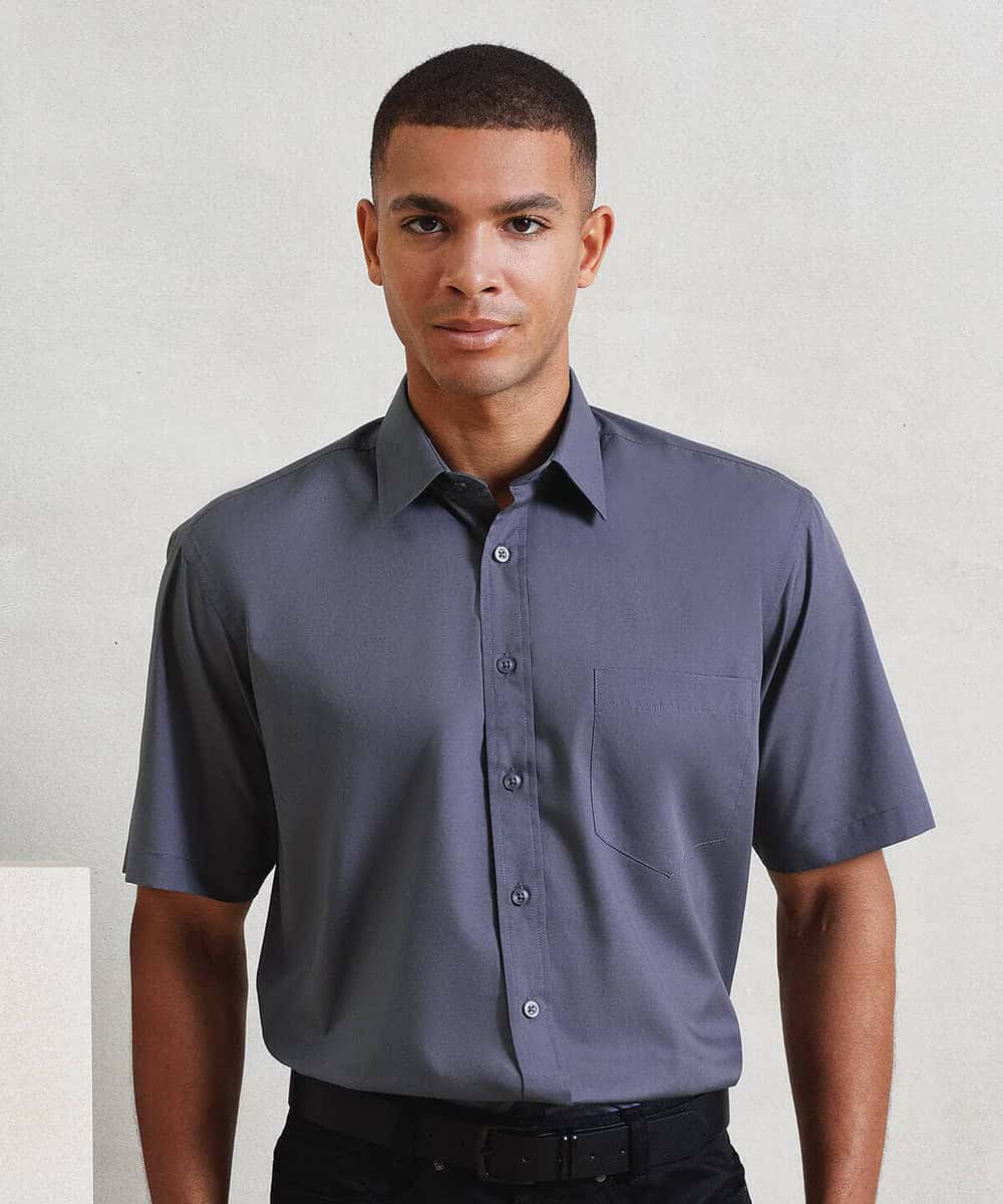 Embroidered short sleeve poplin shirt in grey, perfect for personalised workwear and corporate unifo.