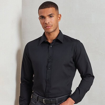 Black fitted long sleeve shirt for personalised embroidery workwear. Perfect for professional unifor.