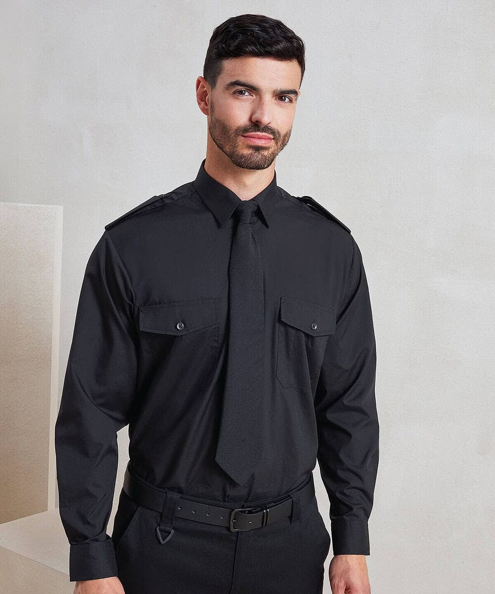 Embroidered workwear pilot shirt in black, perfect for personalised uniforms and professional brandi.