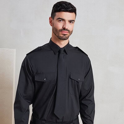 Embroidered workwear pilot shirt in black, perfect for personalised uniforms and professional brandi.