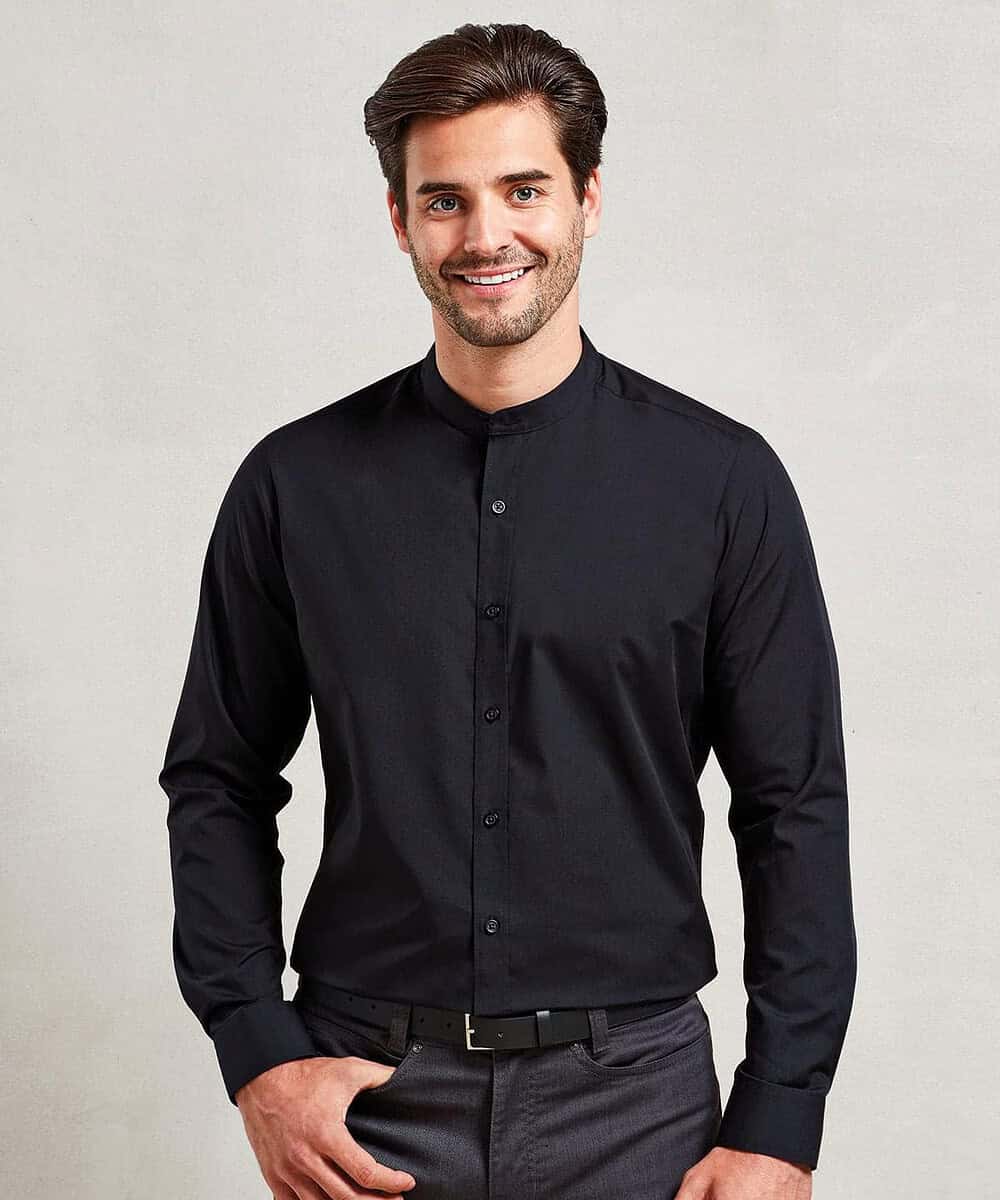 Embroidered black long sleeve shirt with banded collar, ideal for personalised embroidery workwear.