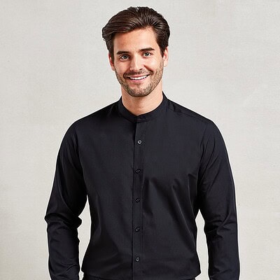 Embroidered black long sleeve shirt with banded collar, ideal for personalised embroidery workwear.