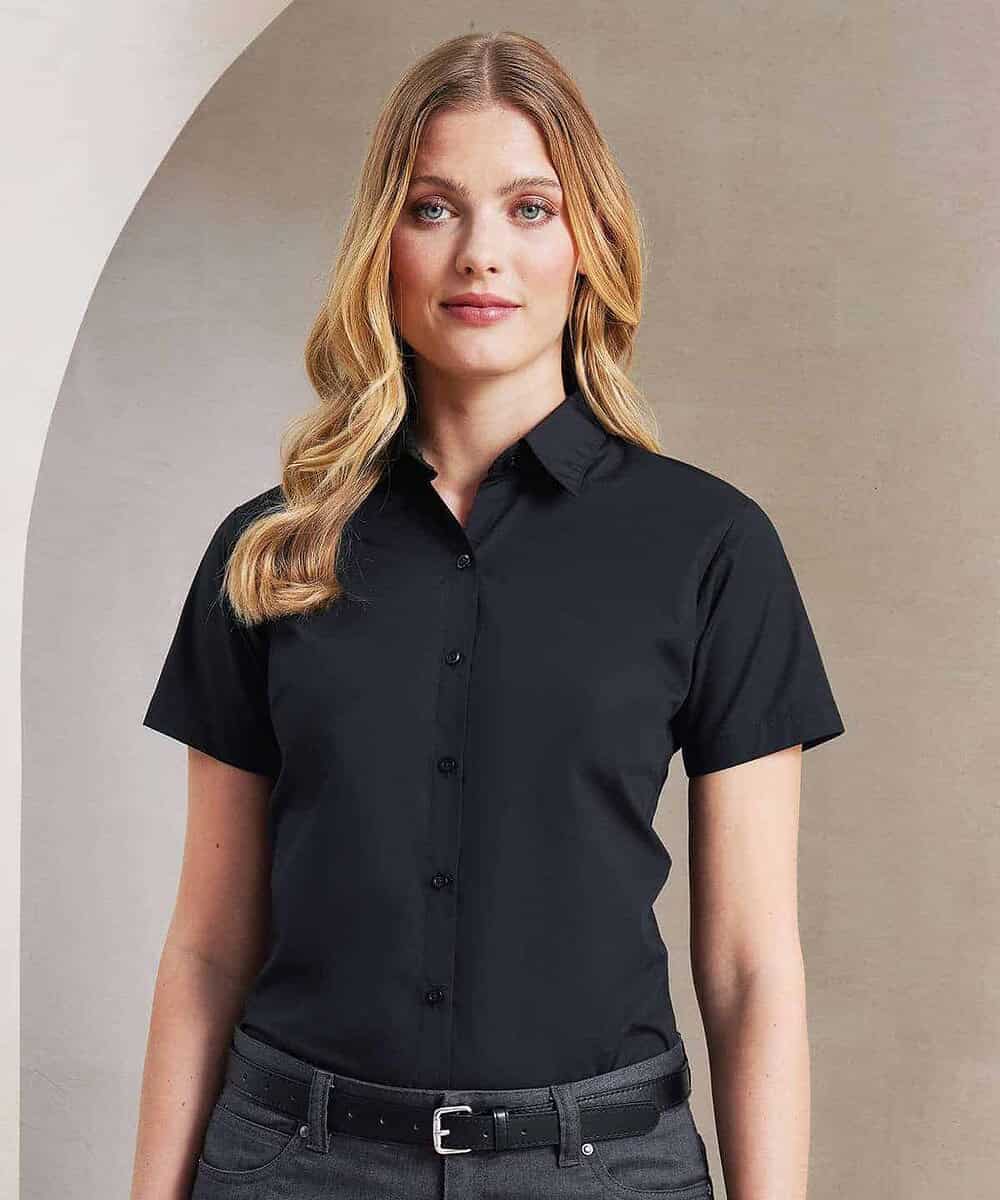 Womens black short sleeve poplin shirt, perfect for embroidery and personalised workwear. Stylish an.