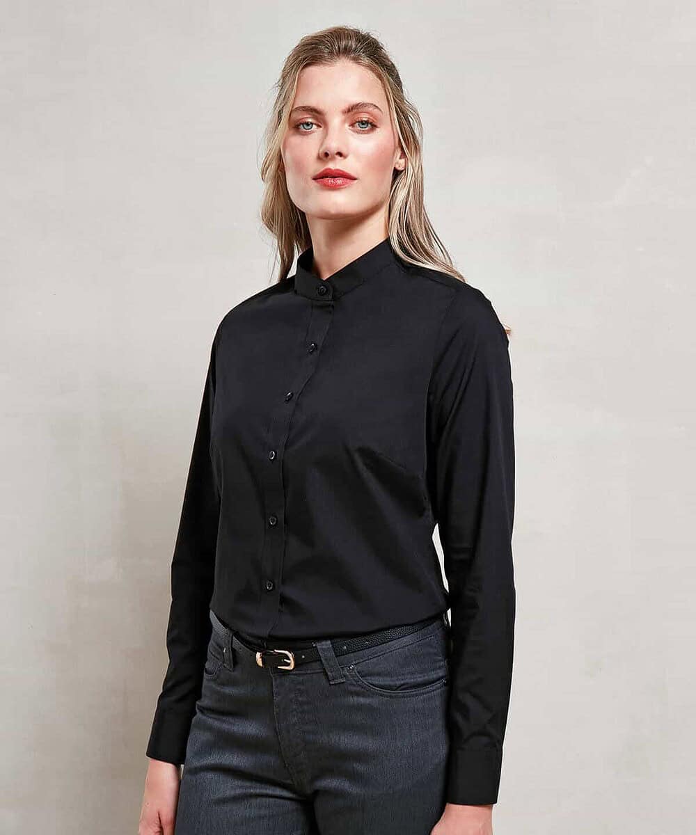 Women's black banded collar shirt for embroidery and printing.