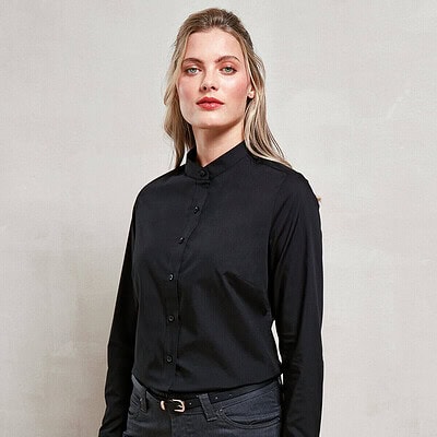 Women's black banded collar shirt for embroidery and printing.