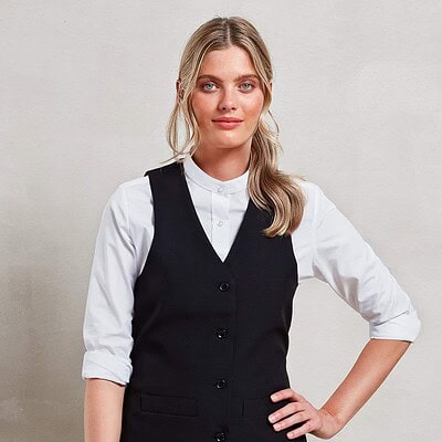 Women’s lined polyester waistcoat for embroidery and workwear. Personalised with logos for professio.