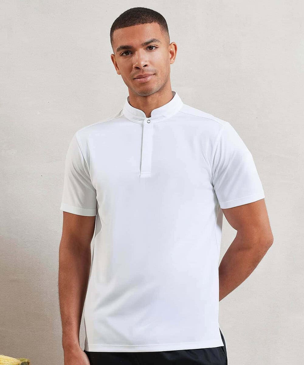 Embroidered white short sleeve chefs shirt with collar, ideal for professional kitchen wear.