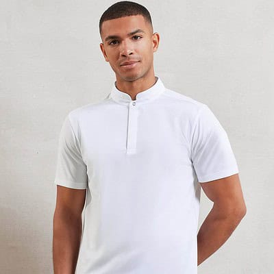 Embroidered white short sleeve chefs shirt with collar, ideal for professional kitchen wear.