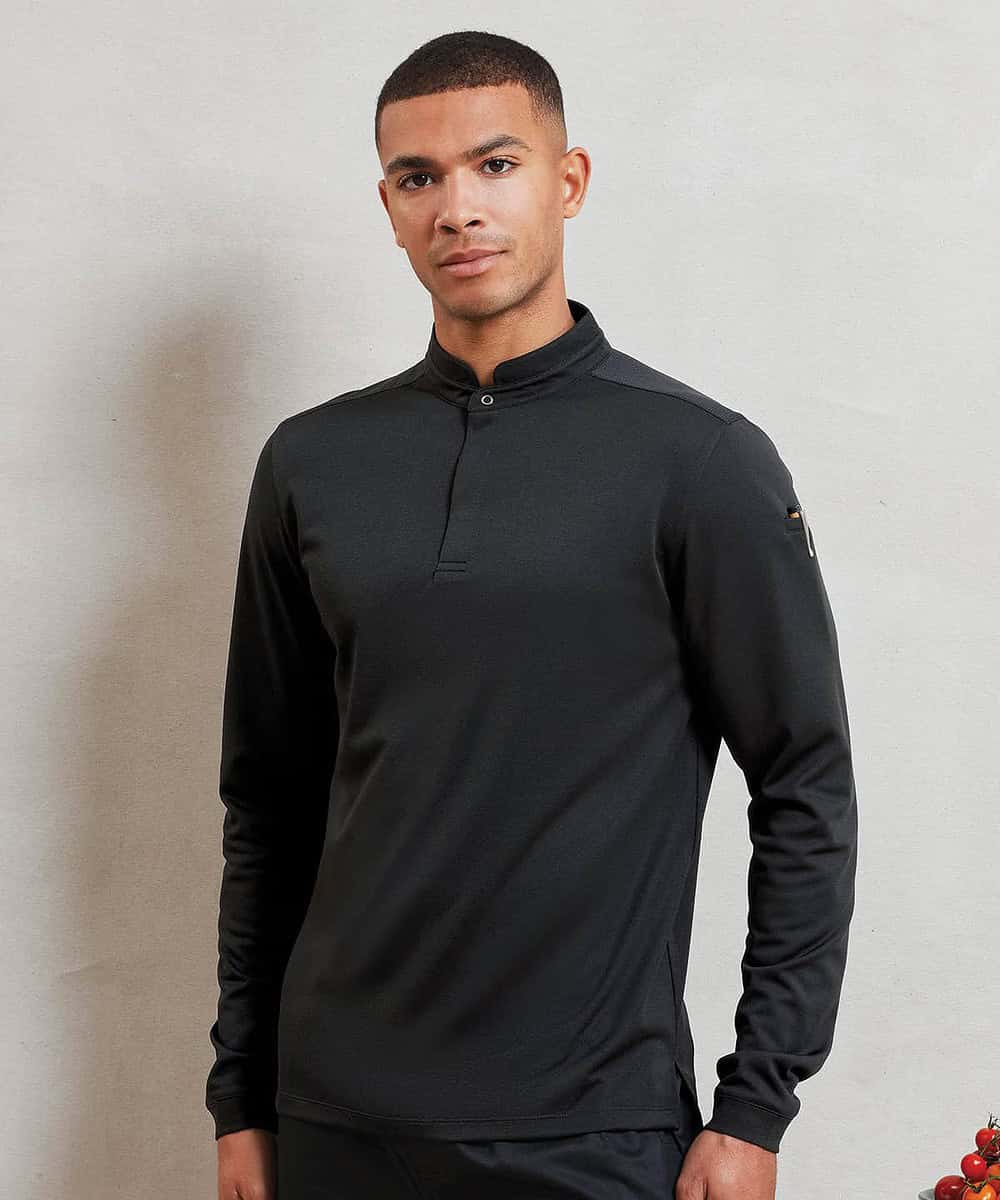 Long sleeve black chef's shirt with a stand collar and front placket.