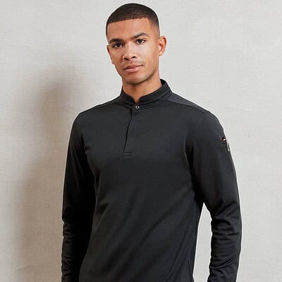 Long sleeve black chef's shirt with a stand collar and front placket.