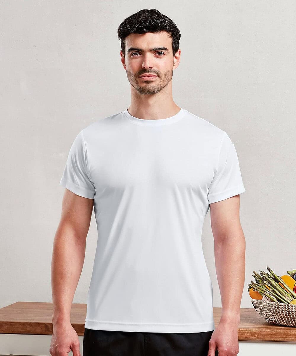 Man wearing a plain white T-shirt suitable for custom embroidery or printing.