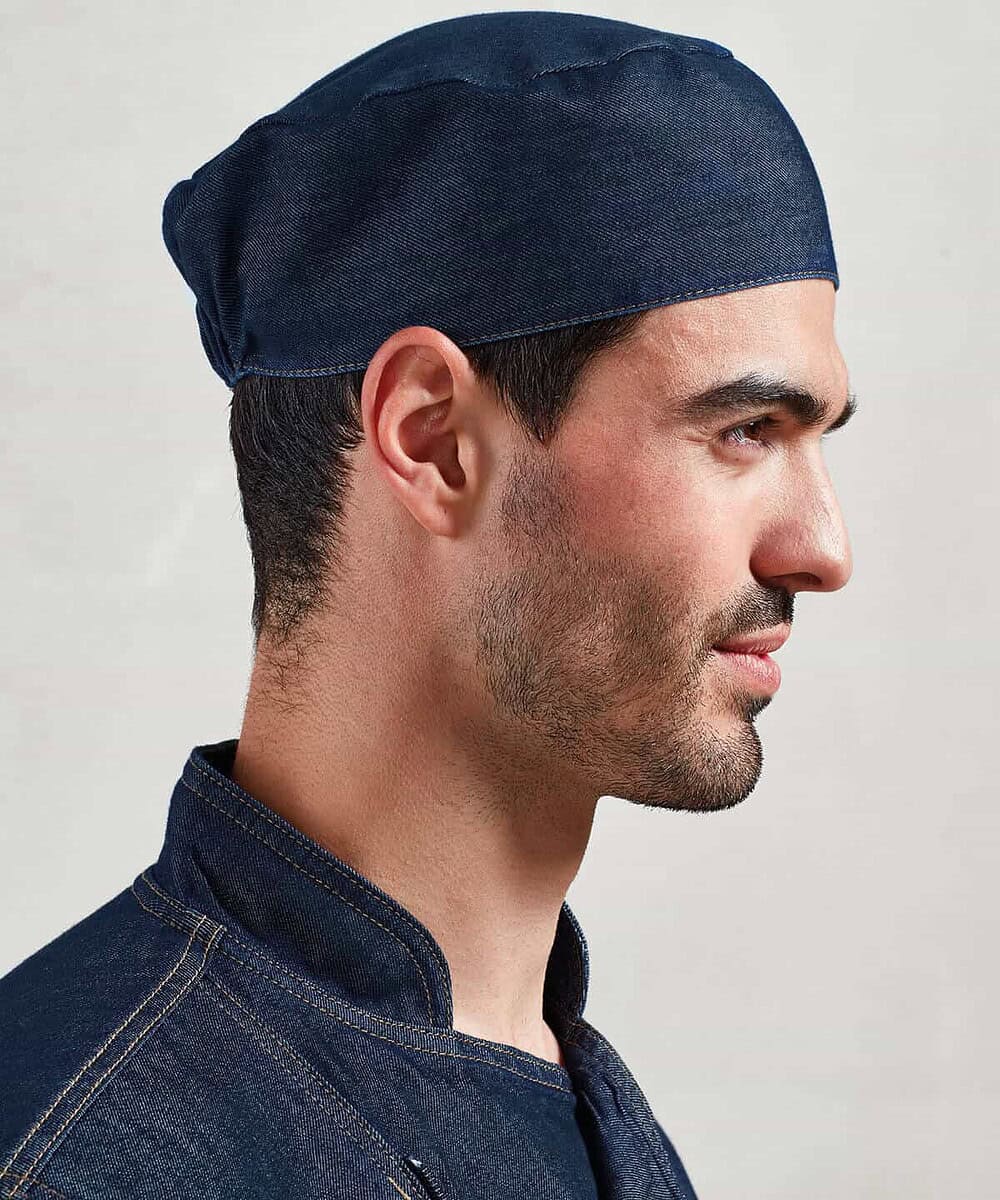 Embroidered chef skull cap in navy, perfect for personalised workwear and culinary uniforms.