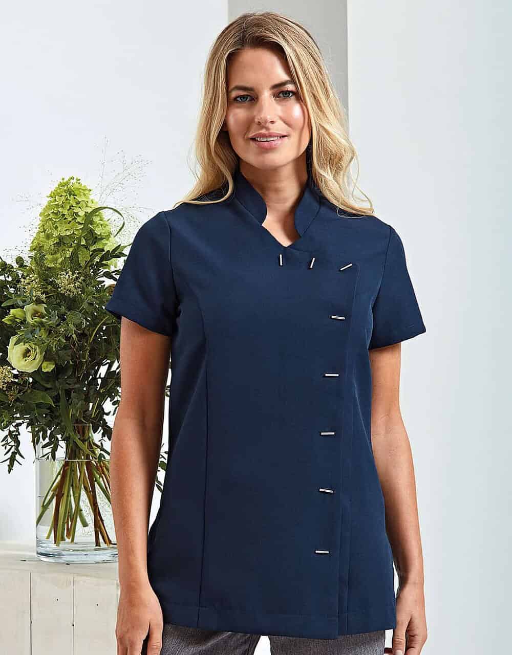 Stylish navy embroidered workwear tunic with personalised detailing for professionals.