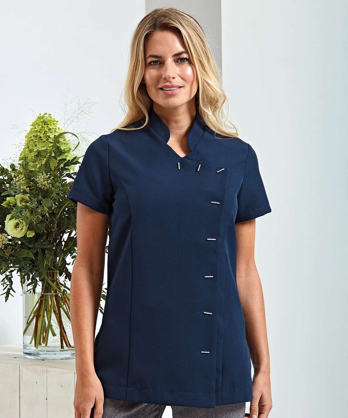 Stylish navy embroidered workwear tunic with personalised detailing for professionals.