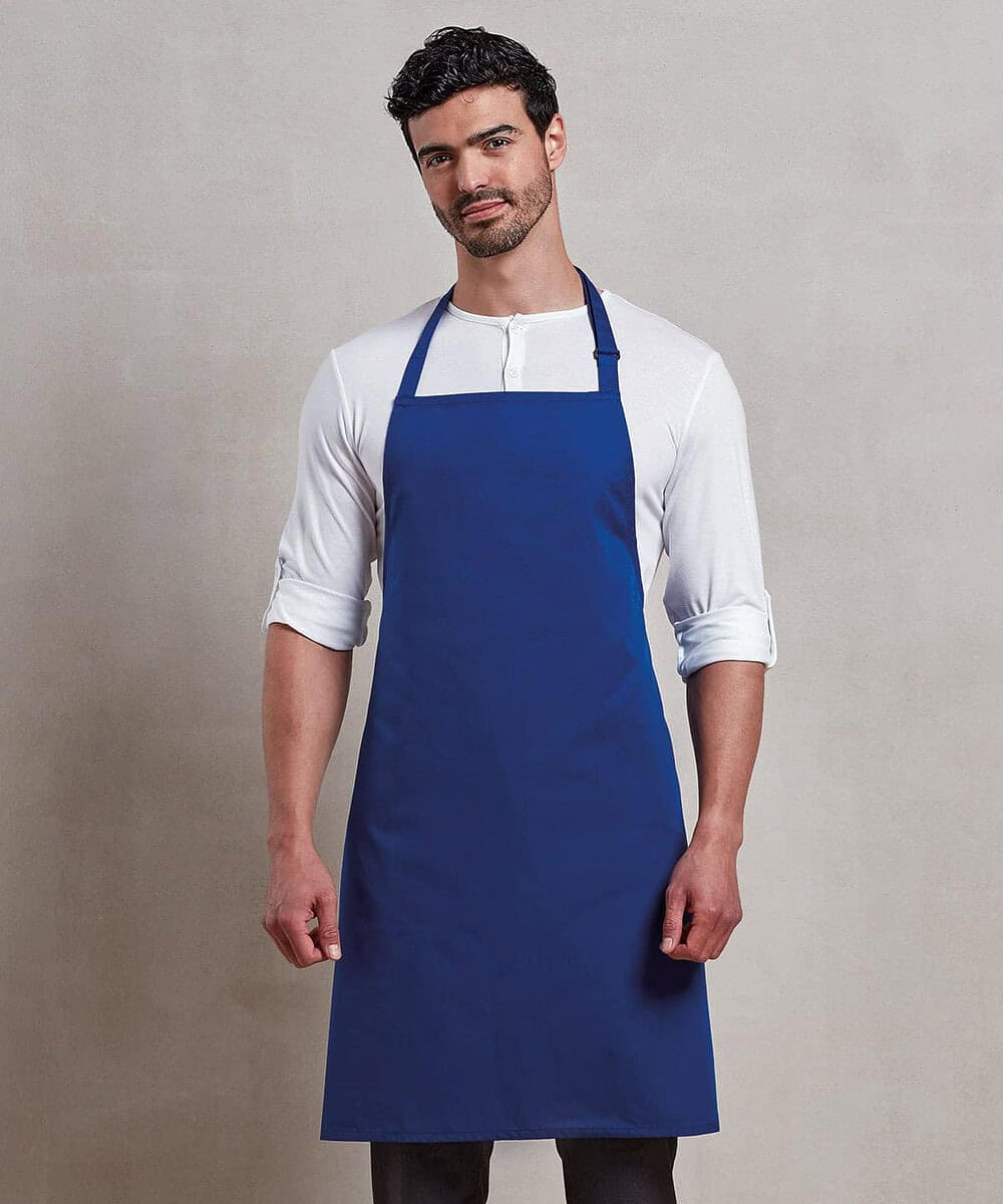 Antimicrobial blue bib apron for workwear and embroidery, featuring personalised options.