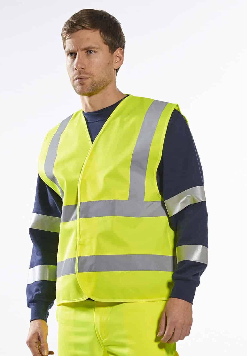 Bright yellow hi-vis safety vest with reflective strips for workwear safety and visibility.