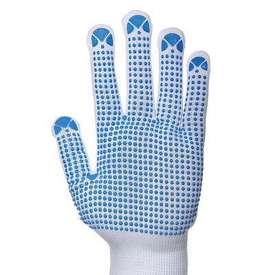 Blue nylon polka dot glove with personalised embroidery for workwear.