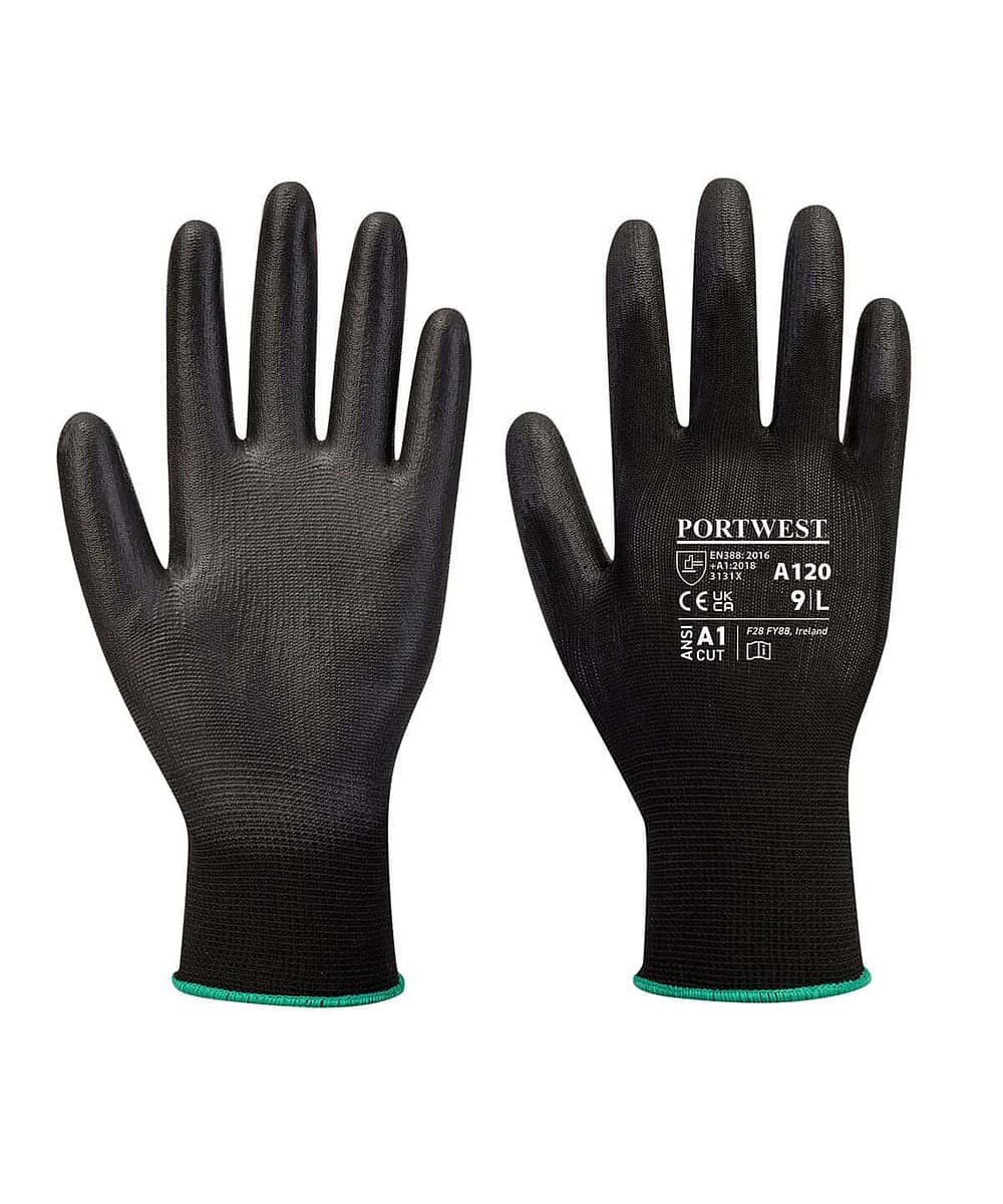 Black Portwest work glove with PU palm for durability.