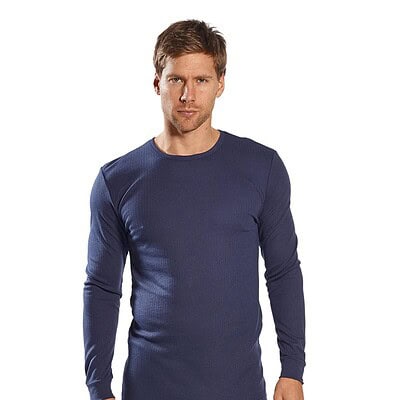 Man wearing Portwest PW141 thermal long sleeve T-shirt for workwear.