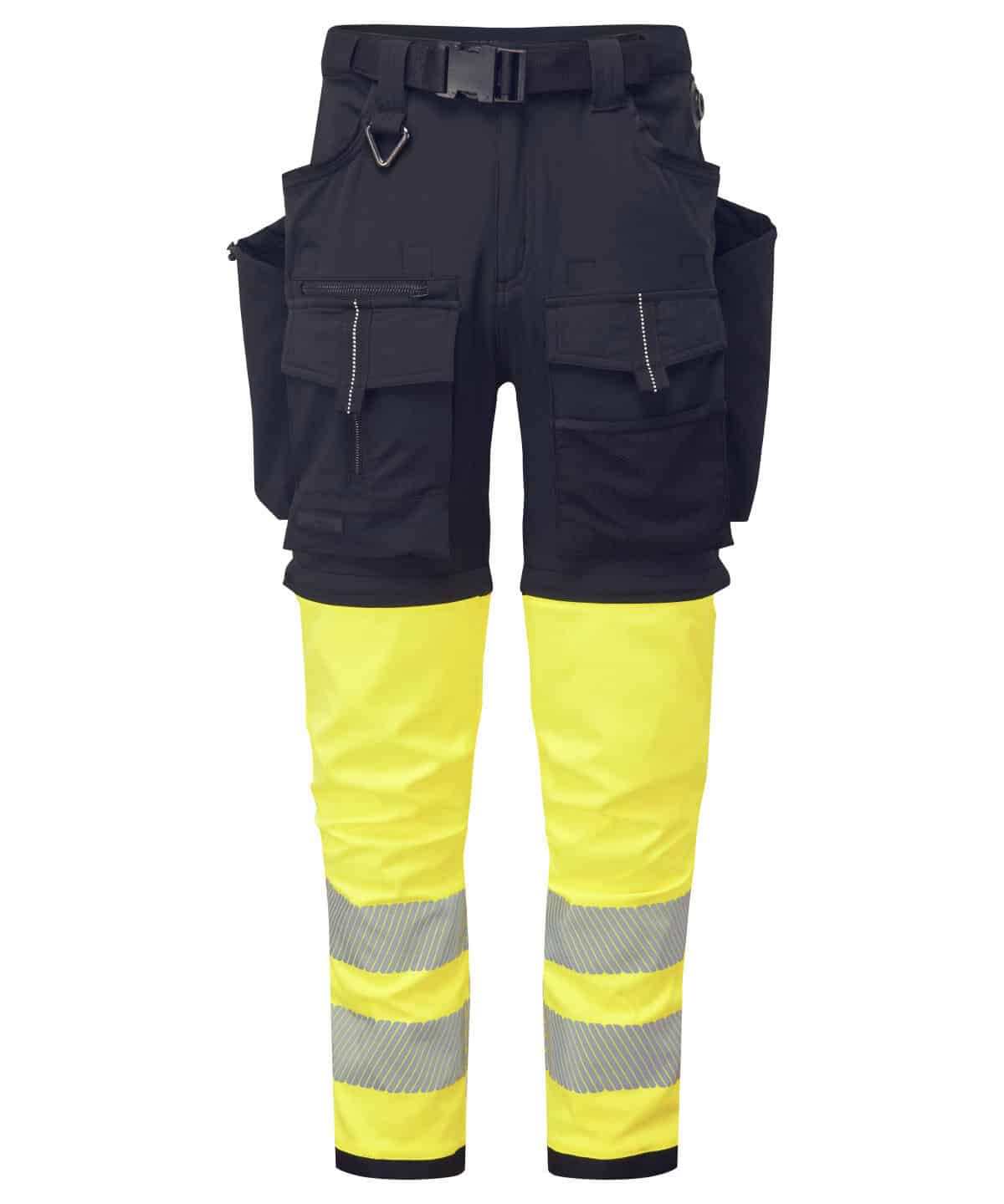 High-visibility work trousers with multiple pockets, suitable for safety and embroidery.