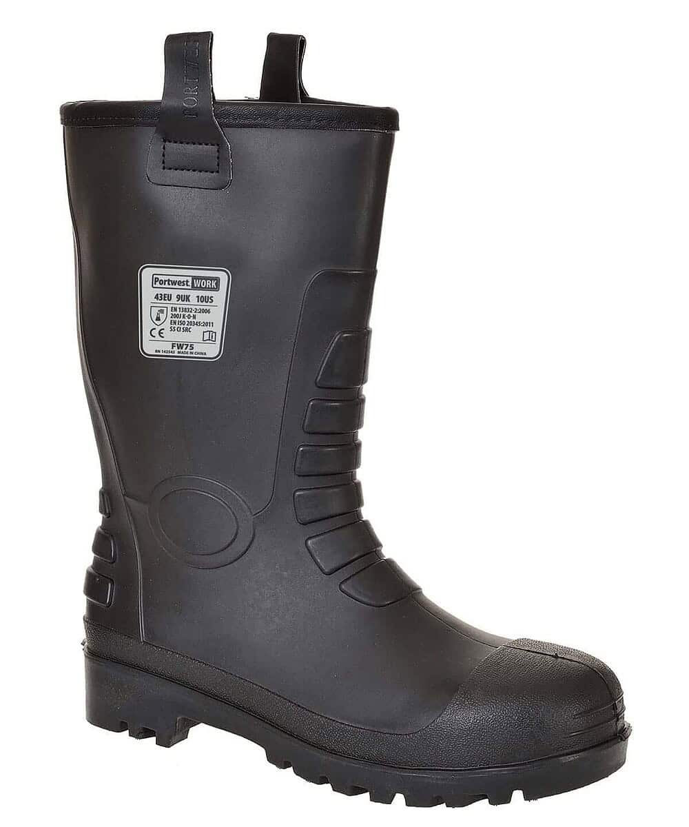 Durable black steelite rigger boot with safety features and slip-resistant sole. Ideal for industria.