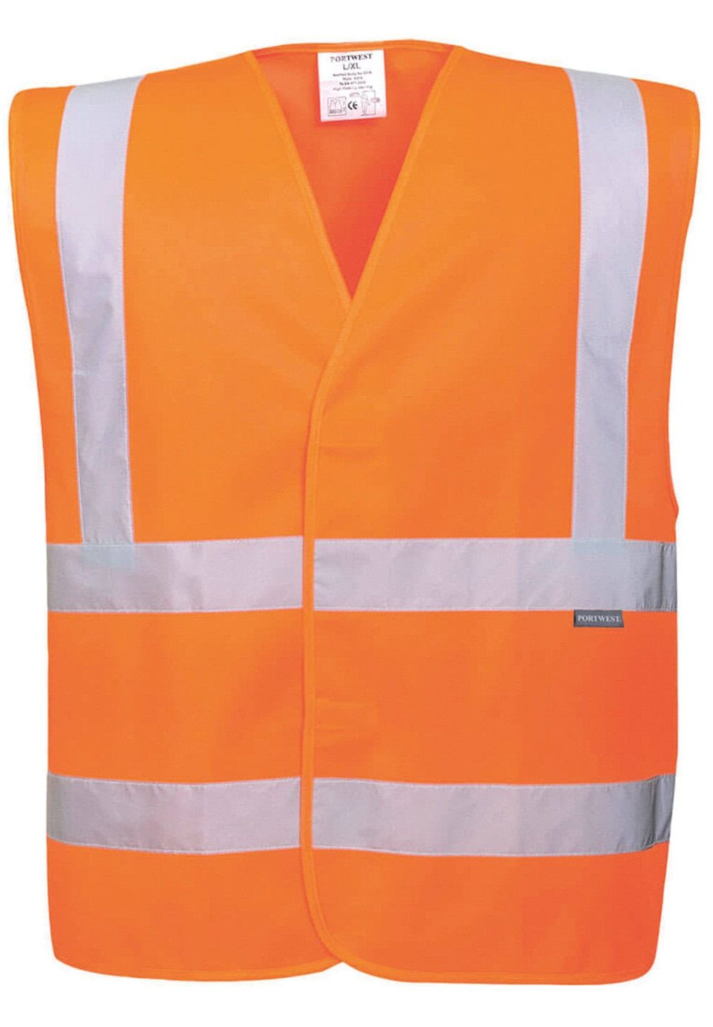 High visibility orange work vest with reflective stripes for safety.