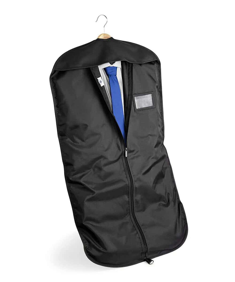 Embroidered suit cover with a sleek black design, ideal for protecting personalised bags and clothin.