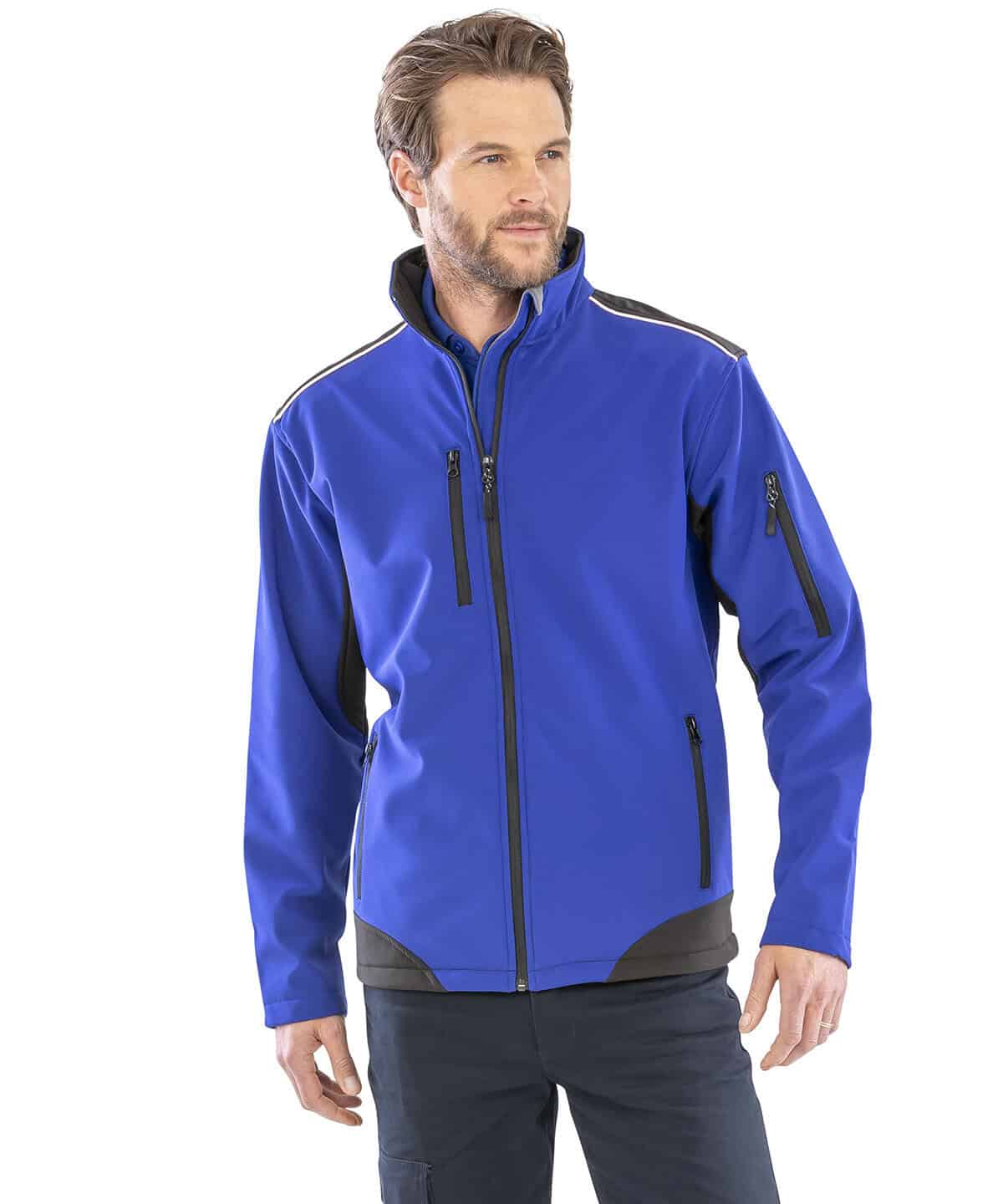 Soft shell workwear jacket with zips and breathable fabric for work uniforms.