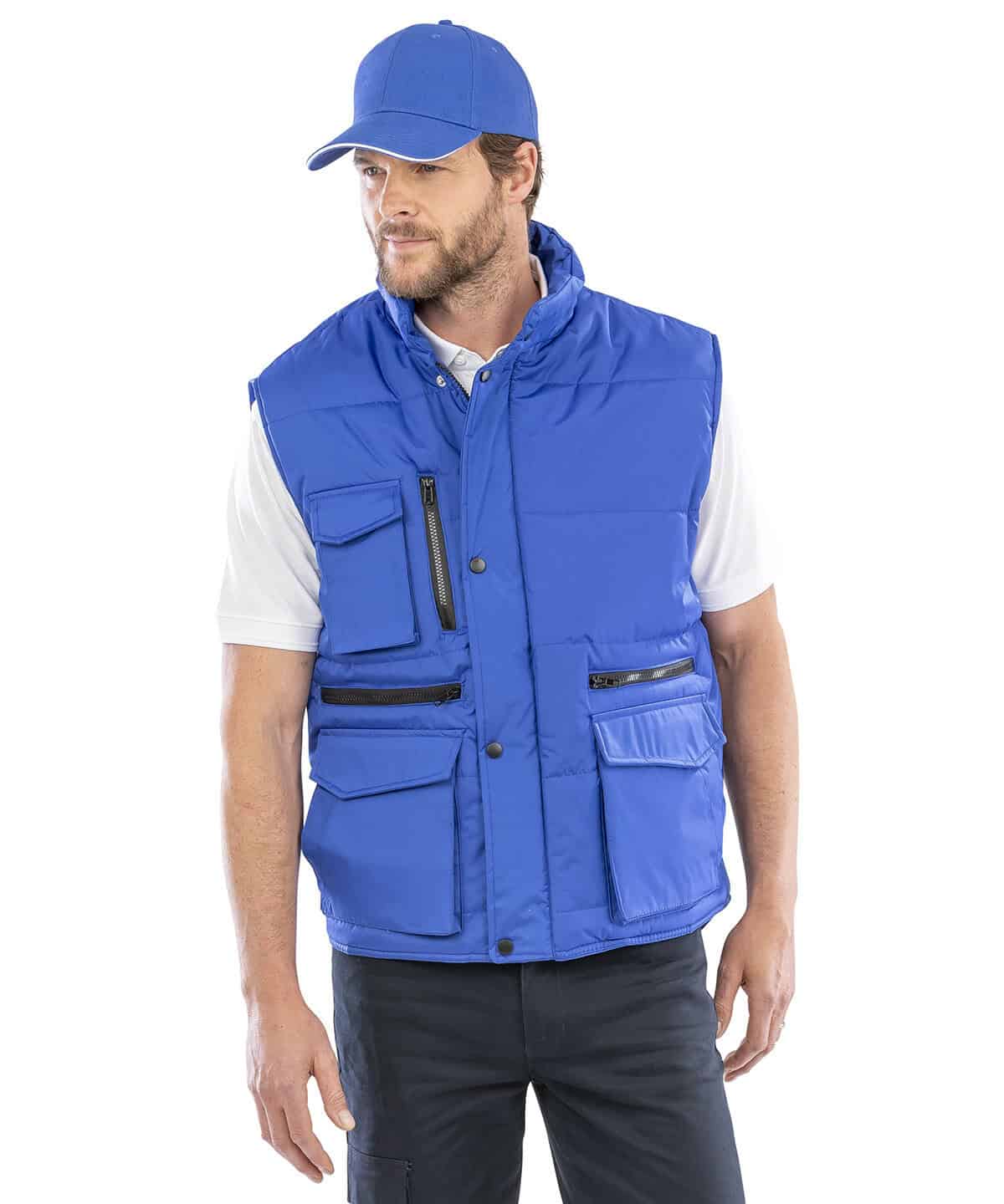 Blue workwear vest with multiple pockets and embroidered branding, ideal for personalised uniforms.