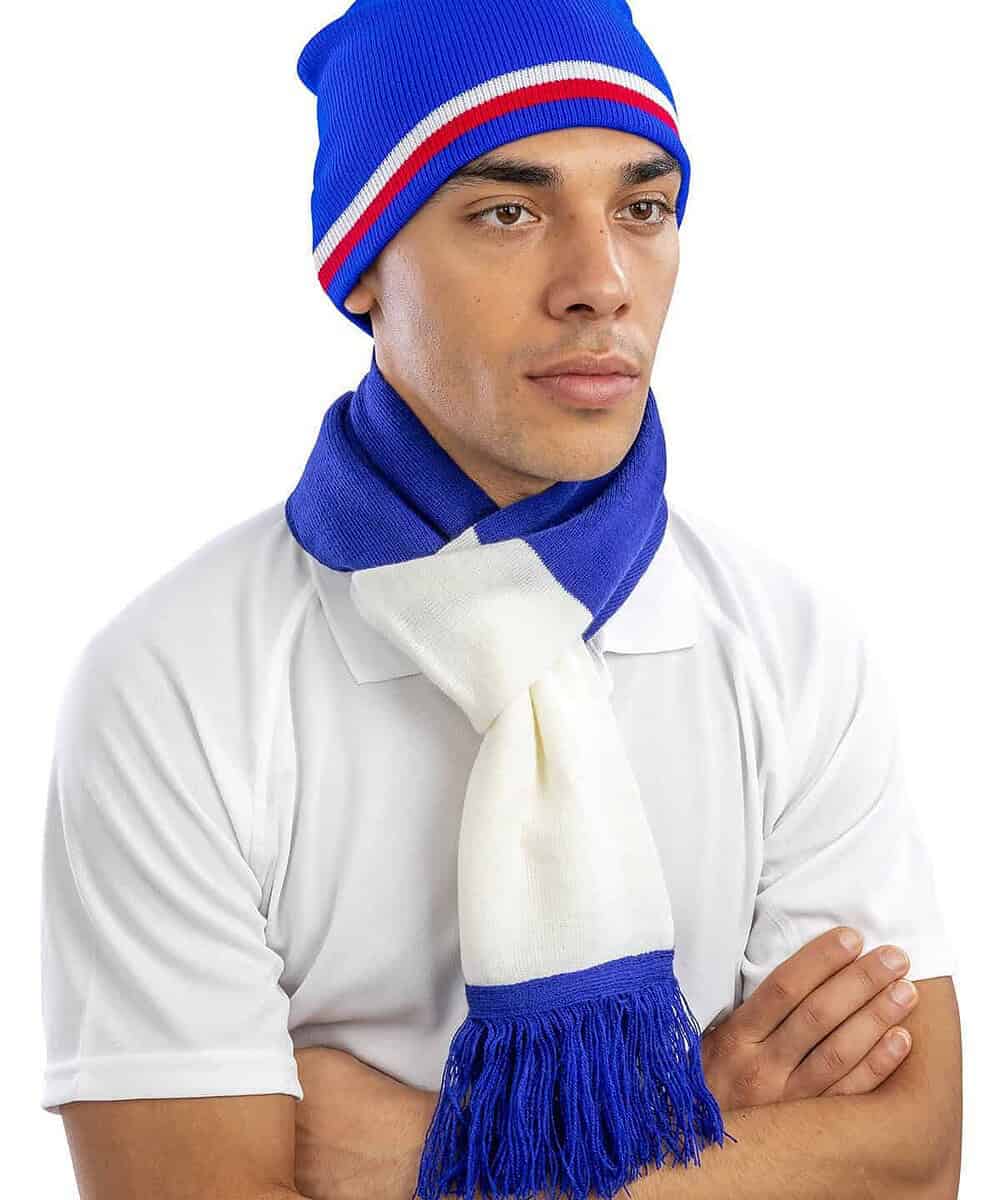 Embroidered winter team scarf in blue, white, and red, perfect for personalised workwear and team un.