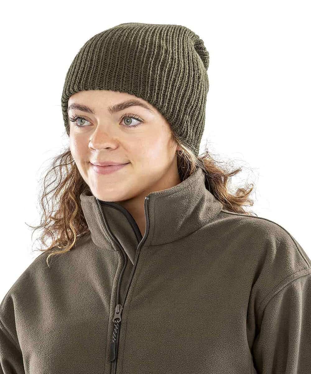 Khaki winter beanie hat suitable for personalised embroidery and custom headwear.