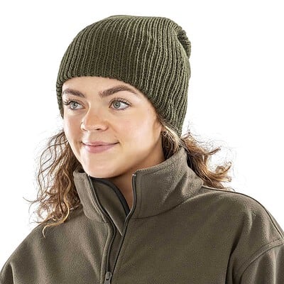 Khaki winter beanie hat suitable for personalised embroidery and custom headwear.