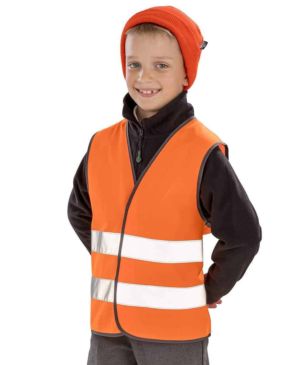 High-visibility junior safety vest in orange with reflective stripes, ideal for personalised workwea.